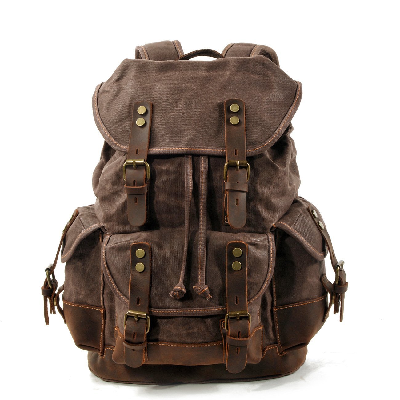 High Quality Canvas Stitching Mountaineering Backpack made from waterproof oil wax canvas with multiple pockets and breathable straps.