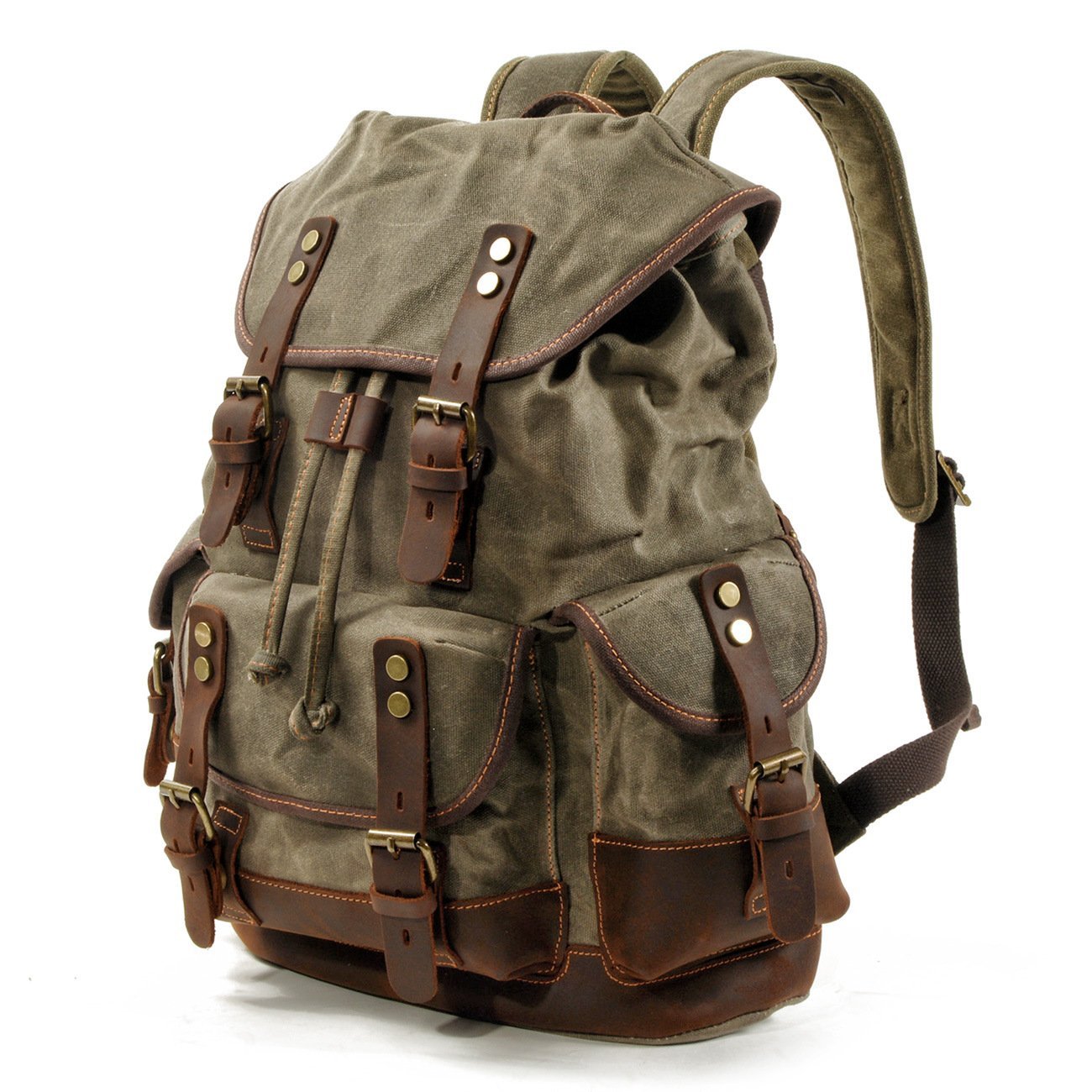 High Quality Canvas Stitching Mountaineering Backpack made from waterproof oil wax canvas with multiple pockets and breathable straps.