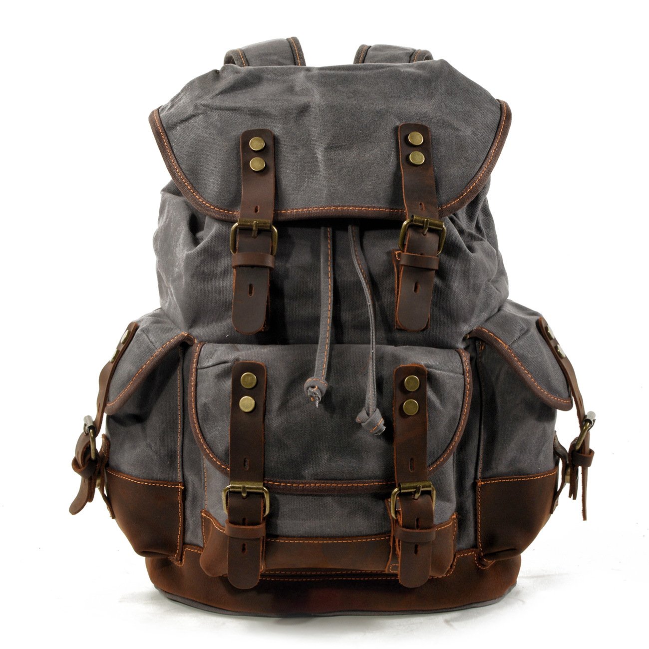 High Quality Canvas Stitching Mountaineering Backpack made from waterproof oil wax canvas with multiple pockets and breathable straps.