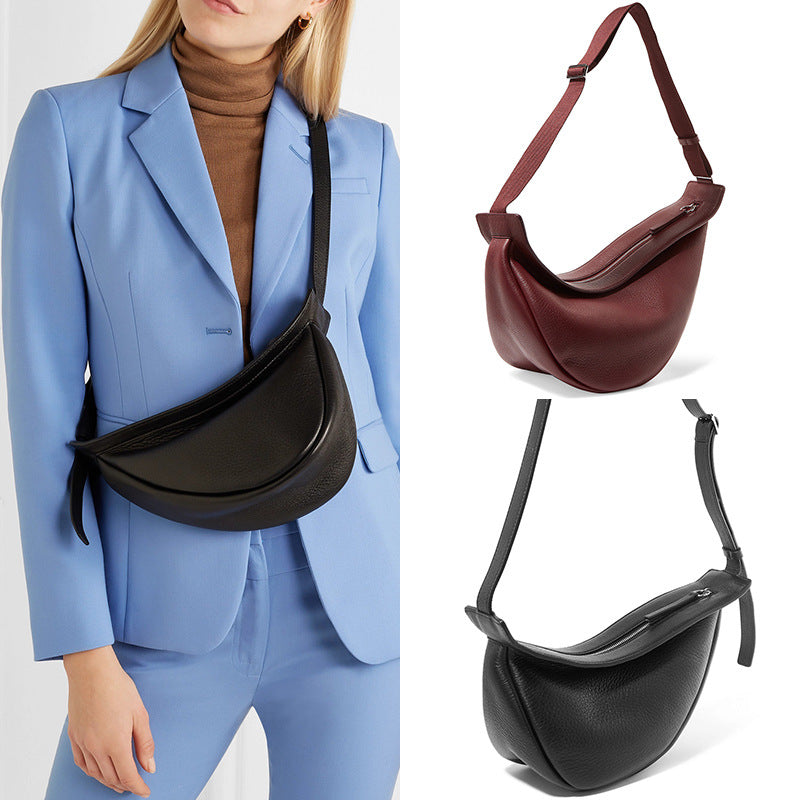 High Quality Casual Catwalk Style Shoulder Bag in crescent shape, made of durable PU fabric with a zipper opening.