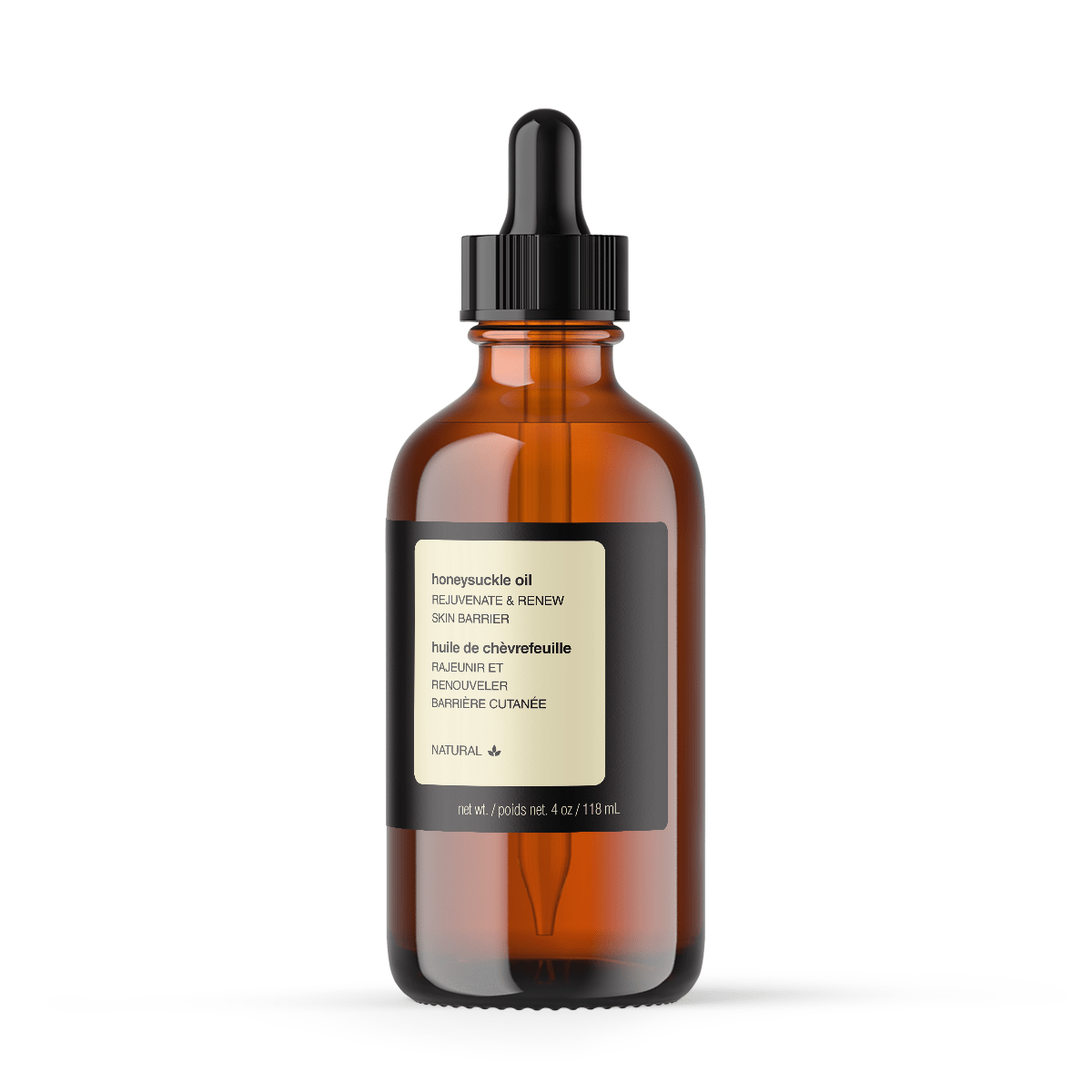 A 4oz bottle of Honeysuckle Face & Body Oil with a dropper, showcasing its luxurious golden liquid and natural ingredients.