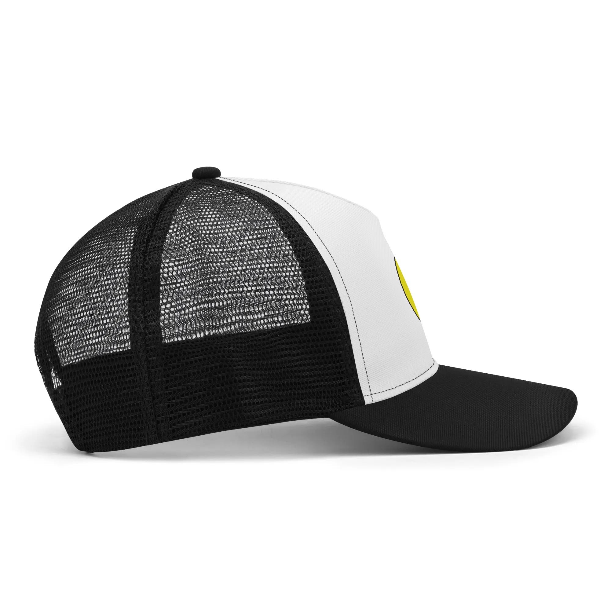 HuggaLove Mesh Trucker Hat featuring breathable mesh backing and adjustable snapback design, perfect for outdoor activities.