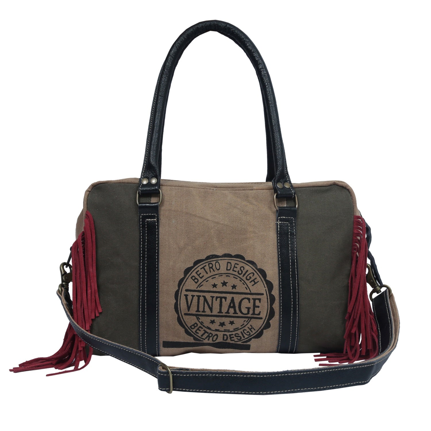 Huido Duffle Bag made from upcycled canvas and leather, showcasing its handcrafted design and stylish appearance.