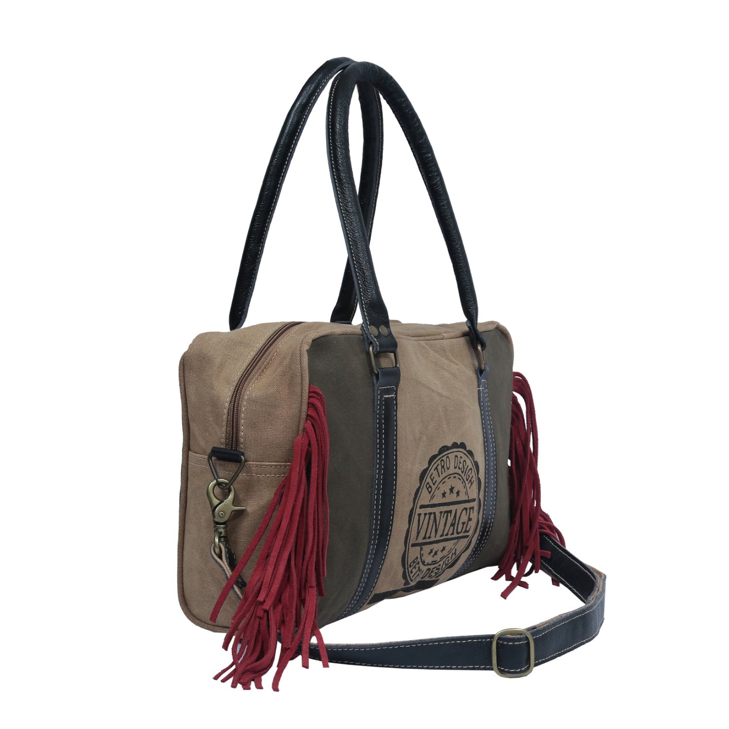 Huido Duffle Bag made from upcycled canvas and leather, showcasing its handcrafted design and stylish appearance.