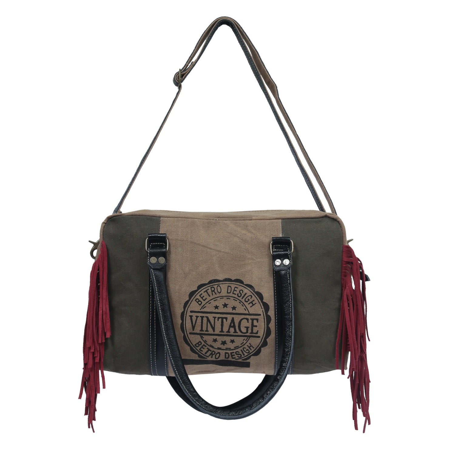 Huido Duffle Bag made from upcycled canvas and leather, showcasing its handcrafted design and stylish appearance.