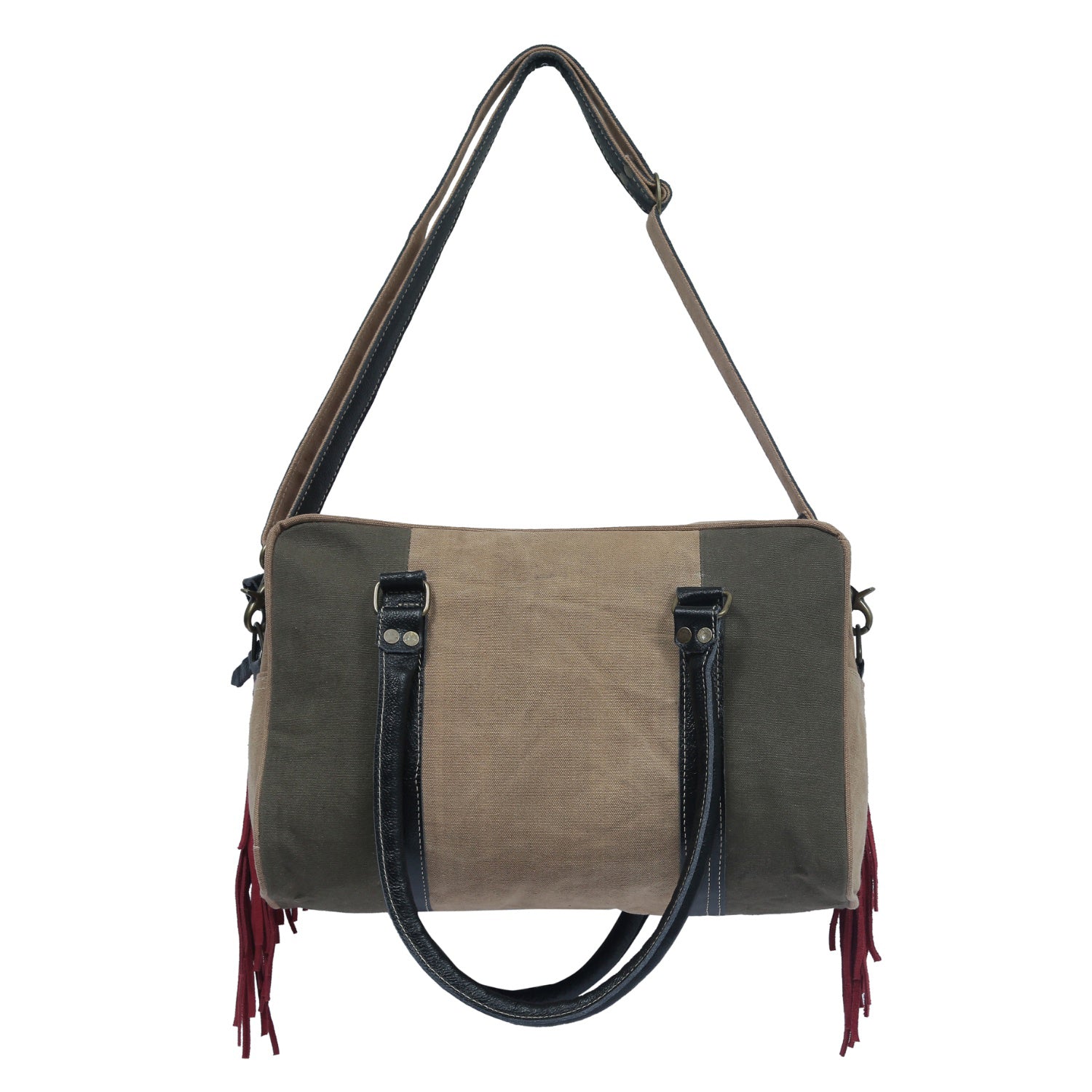 Huido Duffle Bag made from upcycled canvas and leather, showcasing its handcrafted design and stylish appearance.