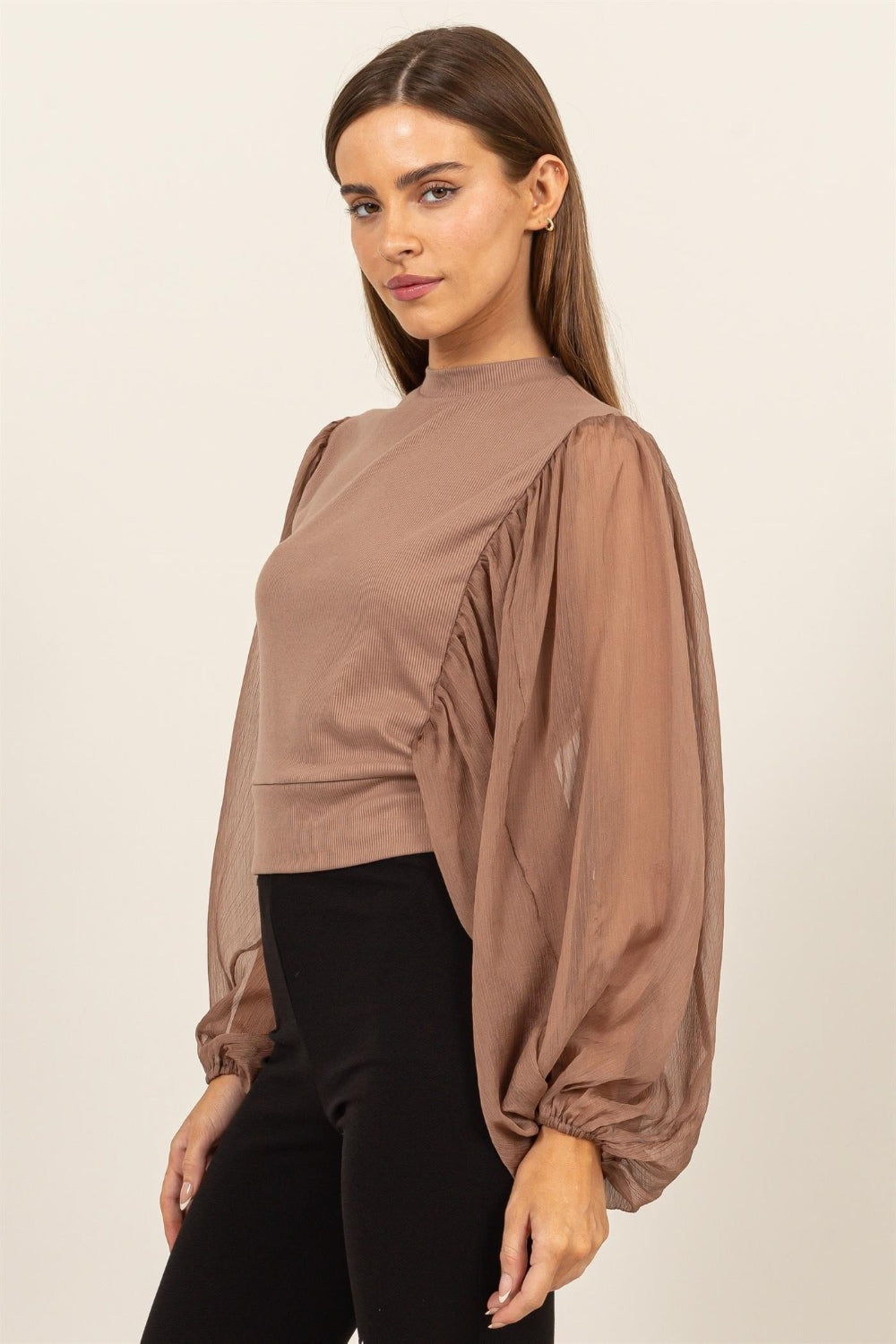 HYFVE Ruched Sheer Long Sleeve Mock Neck Blouse featuring delicate sheer sleeves and a back button closure, perfect for casual and formal occasions.