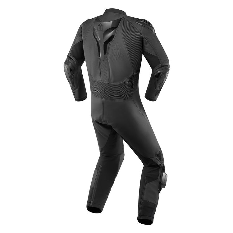 Icon Hypersport Race Suit showcasing sleek design and protective features, made from high-quality leather with D3O armor.