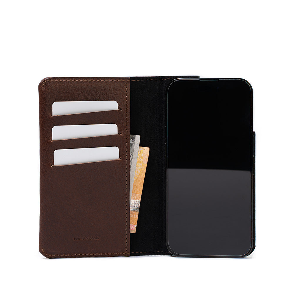 iPhone 14 Leather Folio Case Wallet with MagSafe, showcasing premium leather, multiple card pockets, and a sleek design.