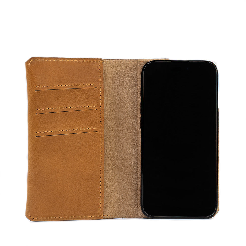 iPhone 14 Leather Folio Case Wallet with MagSafe, showcasing premium leather, multiple card pockets, and a sleek design.