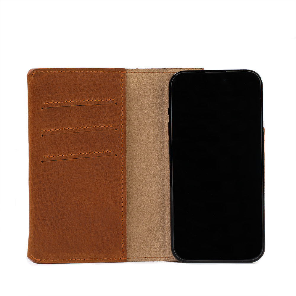 iPhone 14 Leather Folio Case Wallet with MagSafe, showcasing premium leather, multiple card pockets, and a sleek design.