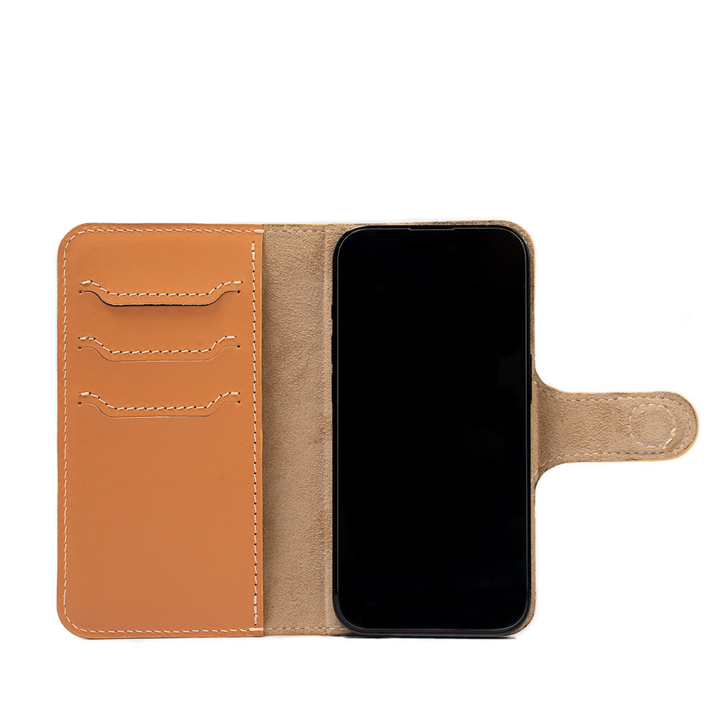 iPhone 14 Top-Grain Leather Folio Case Wallet in classic design, showcasing premium leather and MagSafe feature.