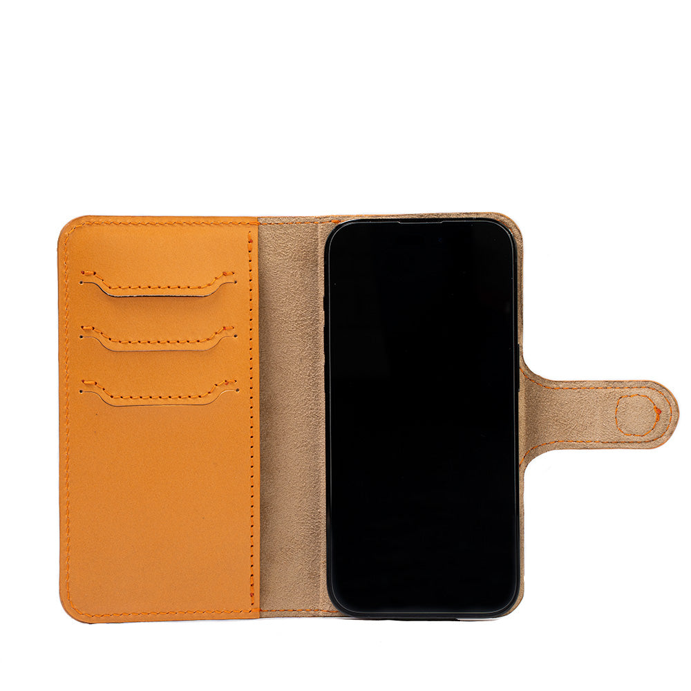 iPhone 14 Top-Grain Leather Folio Case Wallet in classic design, showcasing premium leather and MagSafe feature.