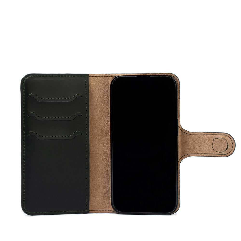 iPhone 14 Top-Grain Leather Folio Case Wallet in classic design, showcasing premium leather and MagSafe feature.