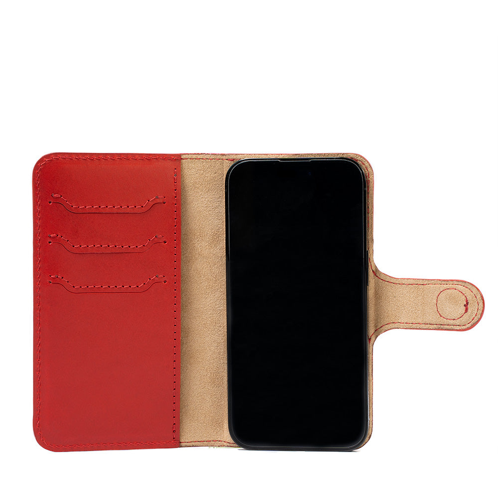 iPhone 14 Top-Grain Leather Folio Case Wallet in classic design, showcasing premium leather and MagSafe feature.