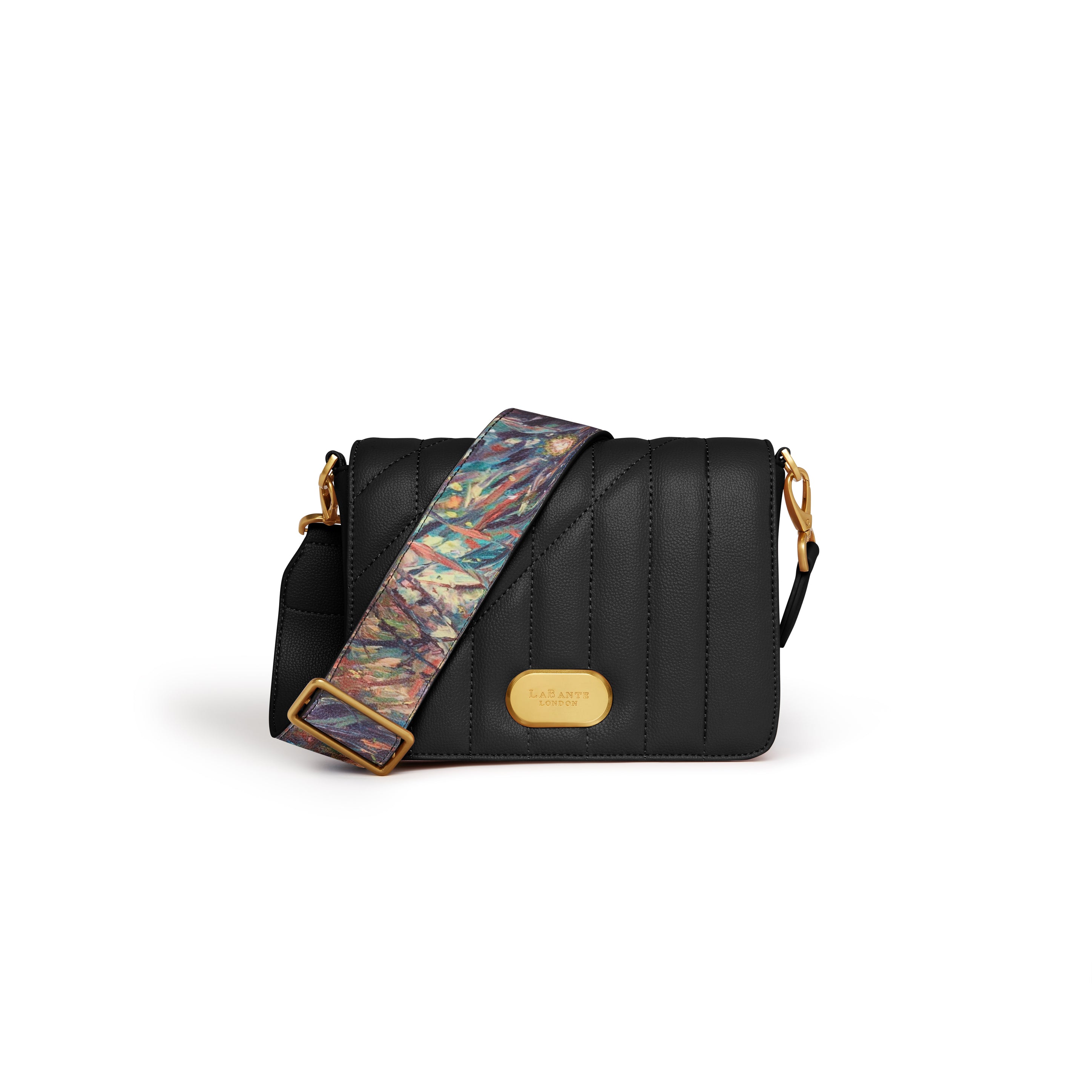 Iris Shoulder Bag in Black featuring artistic straps and eco-friendly materials, perfect for stylish women.