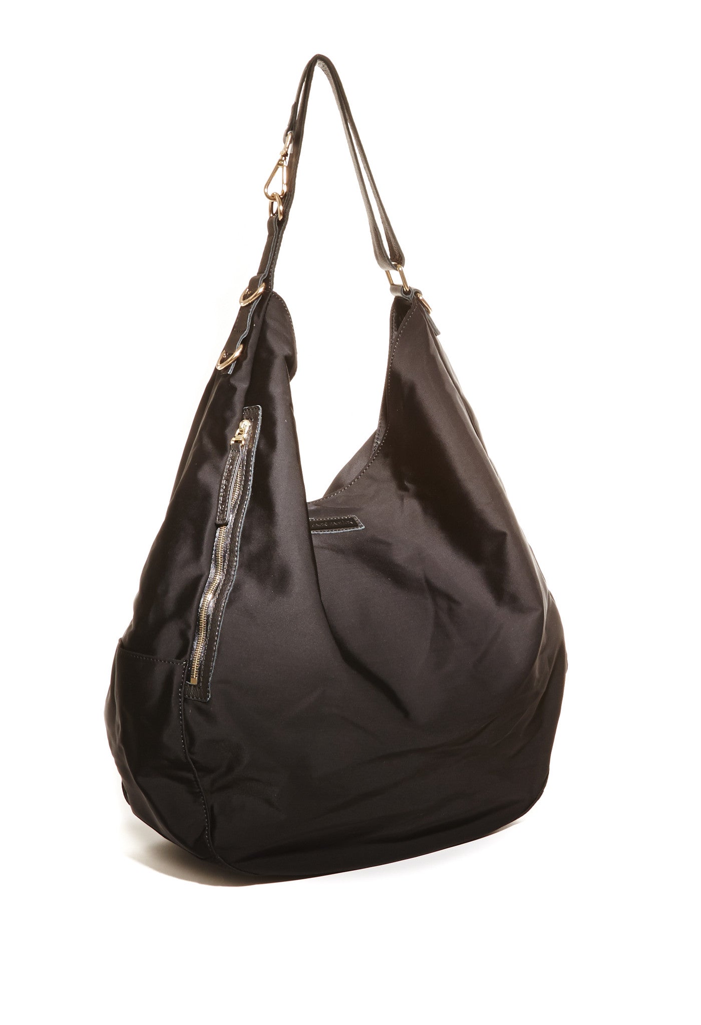 Jacki Easlick Black oversized hobo bag featuring cowhide leather trim and waterproof nylon material, ideal for travel and everyday use.