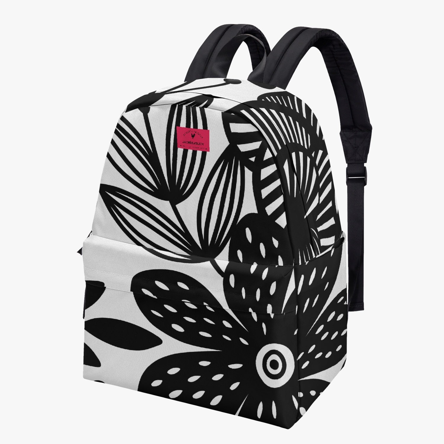 Jacki Easlick Happy Flowers Canvas Backpack featuring a vibrant floral design, padded back, and spacious interior with side pockets.