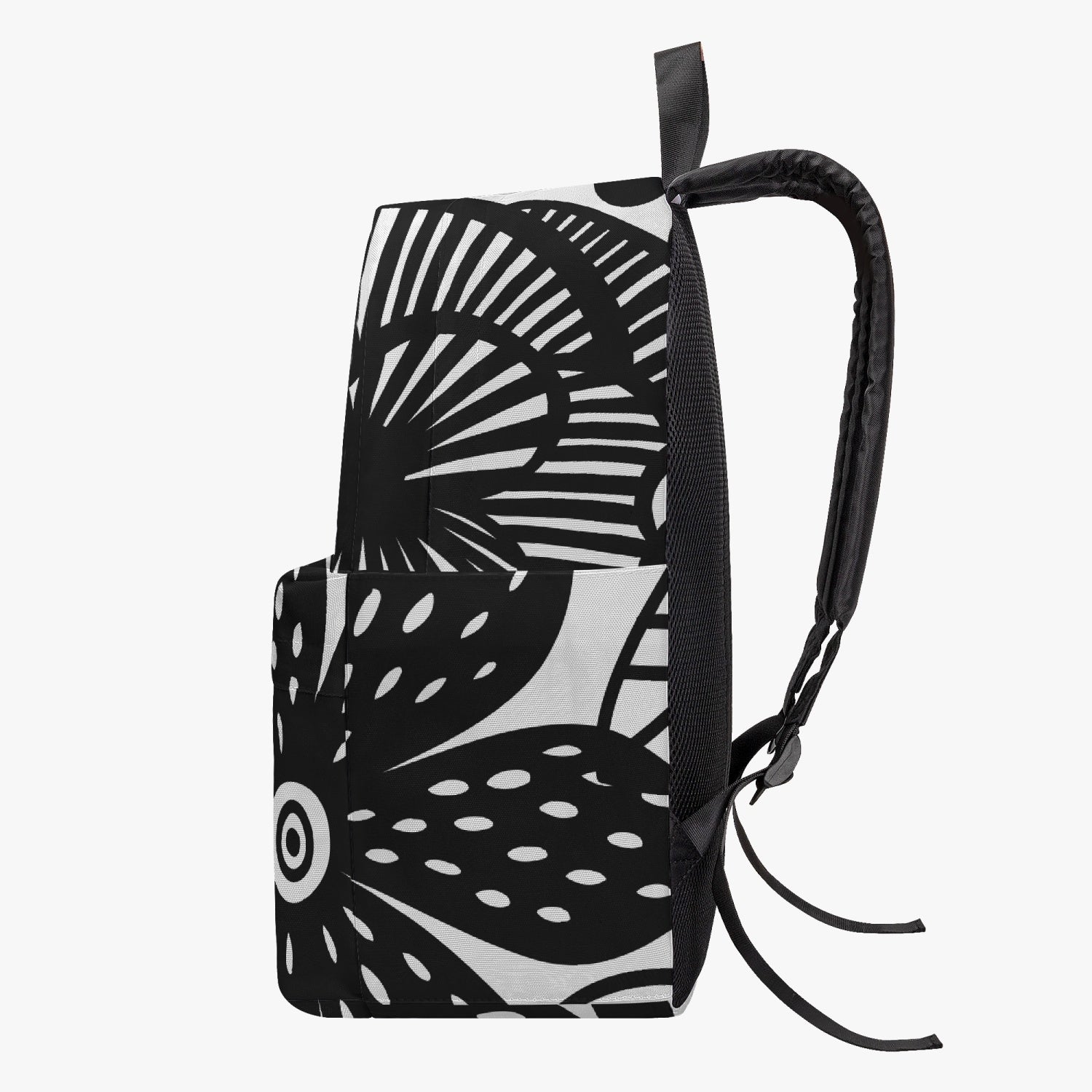 Jacki Easlick Happy Flowers Canvas Backpack featuring a vibrant floral design, padded back, and spacious interior with side pockets.