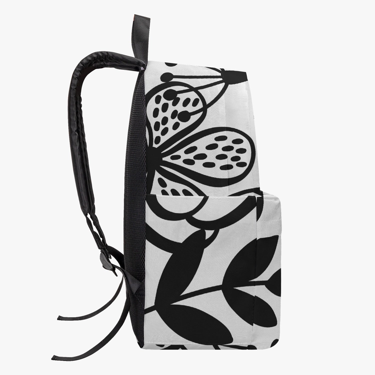 Jacki Easlick Happy Flowers Canvas Backpack featuring a vibrant floral design, padded back, and spacious interior with side pockets.