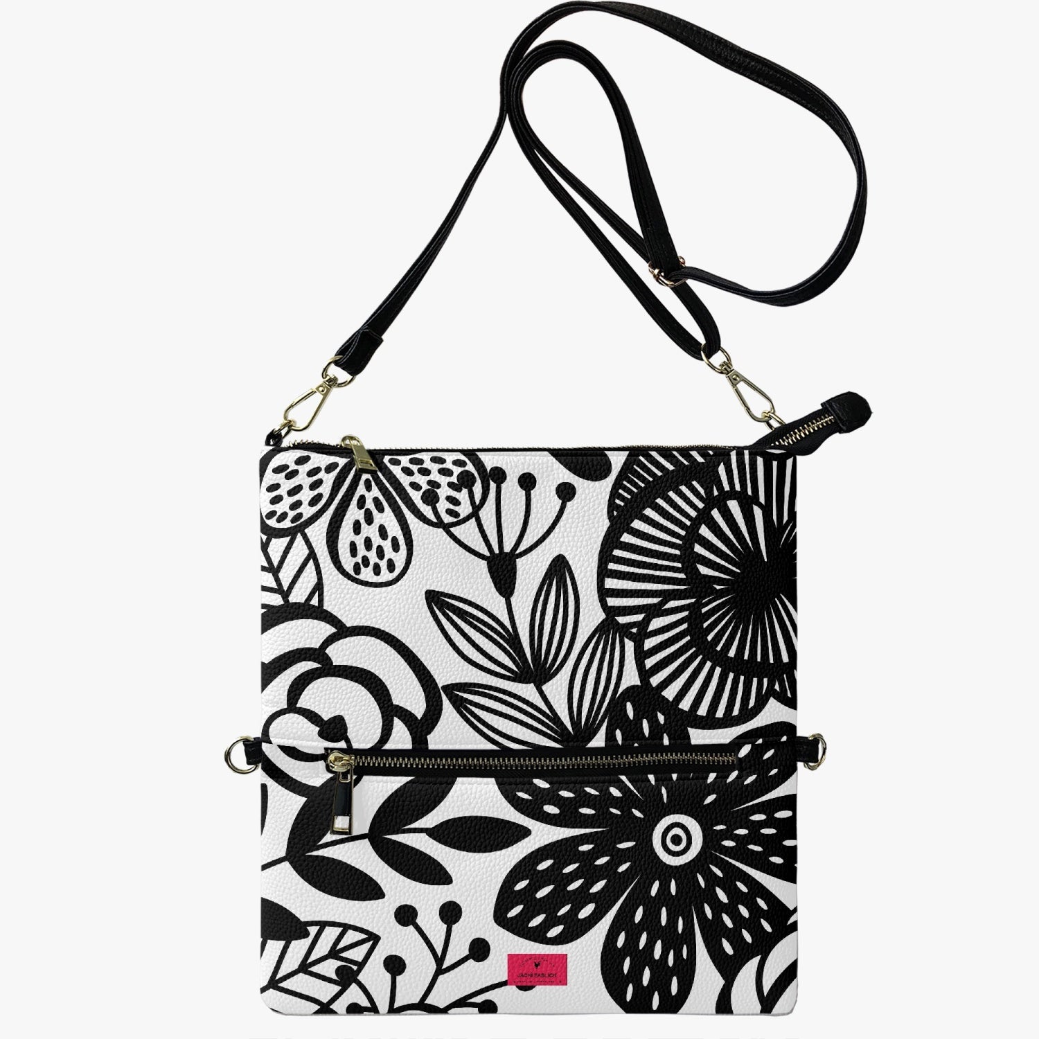 Jacki Easlick Happy Flowers Flip Zip Crossbody bag featuring a vibrant floral design and adjustable strap.