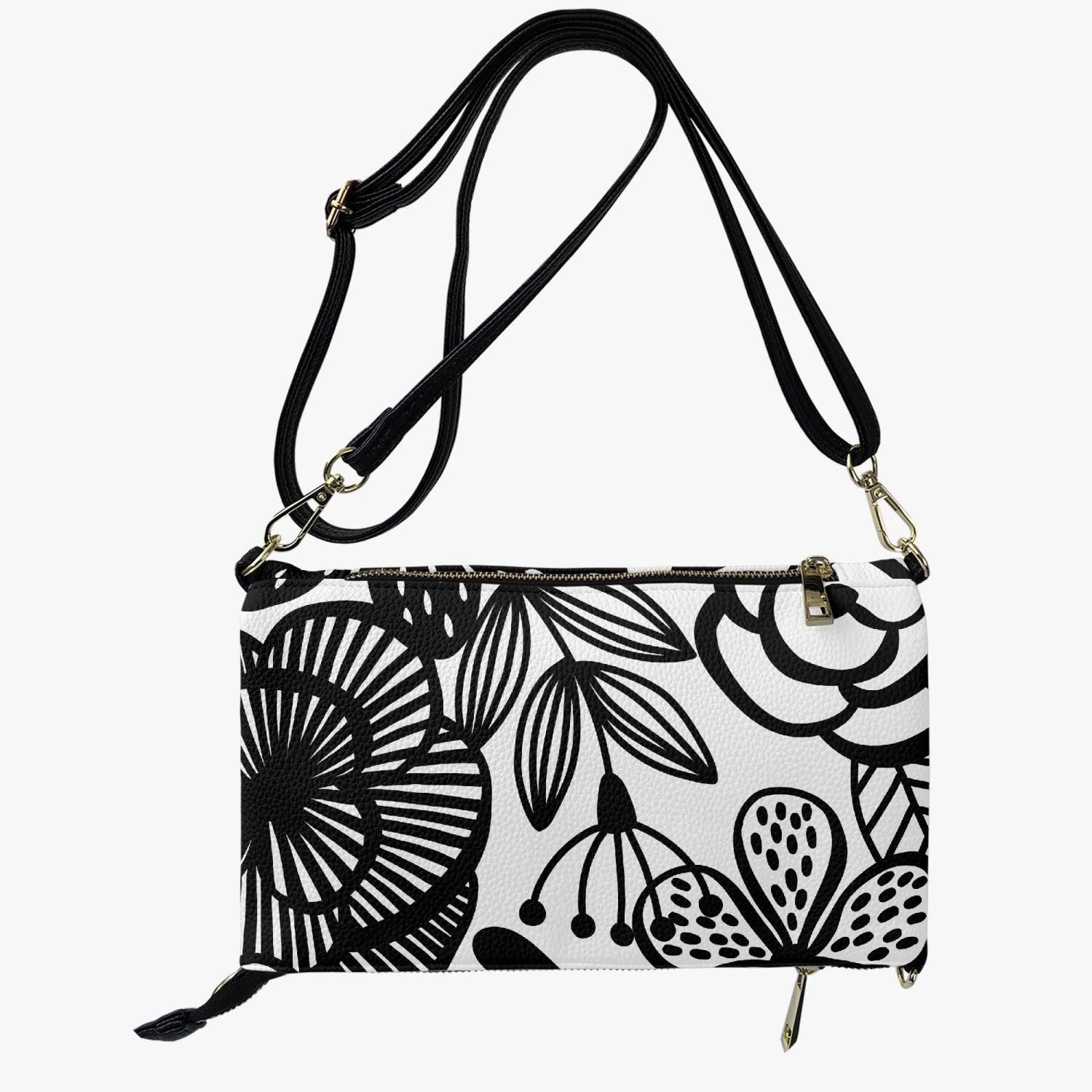 Jacki Easlick Happy Flowers Flip Zip Crossbody bag featuring a vibrant floral design and adjustable strap.