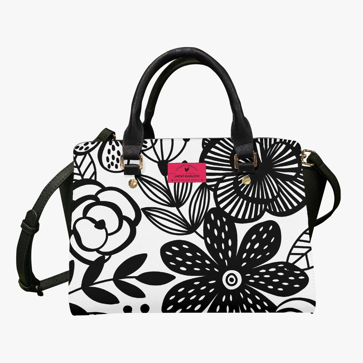 Jacki Easlick Happy Flowers Satchel in vibrant floral design, made of leather, showcasing its spacious interior and stylish handles.