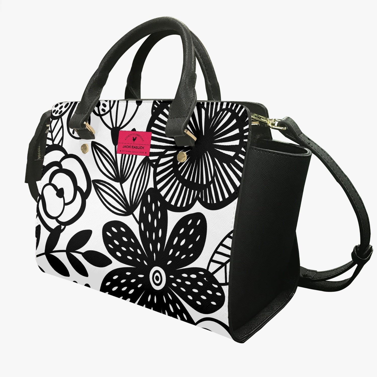 Jacki Easlick Happy Flowers Satchel in vibrant floral design, made of leather, showcasing its spacious interior and stylish handles.