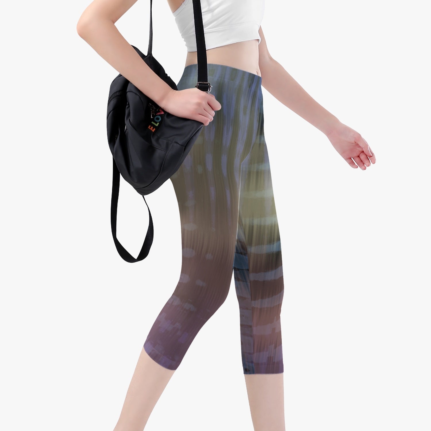 Jacki Easlick Iridescence Short Type Yoga Pants featuring a skinny fit and vibrant all-over print, designed for women's activewear.