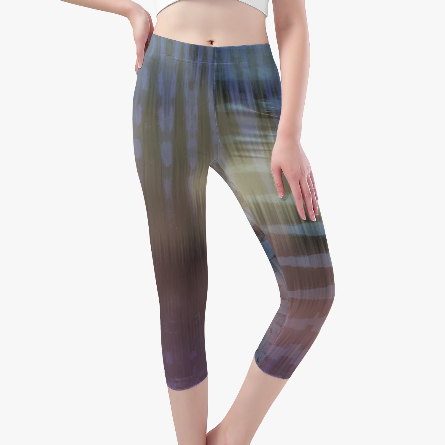 Jacki Easlick Iridescence Short Type Yoga Pants featuring a skinny fit and vibrant all-over print, designed for women's activewear.