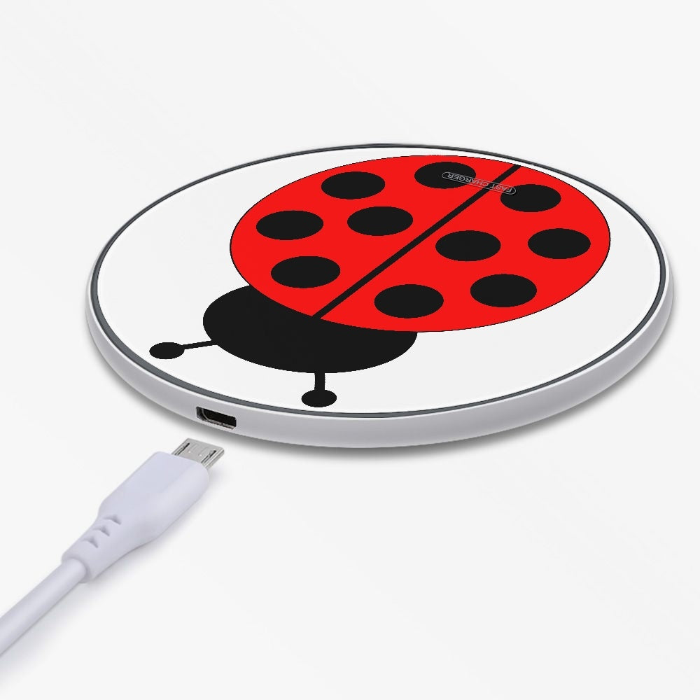 Jacki Easlick Ladybug 10W Wireless Charger featuring a cute ladybug design, compact size, and made from durable plastic and aluminum materials.