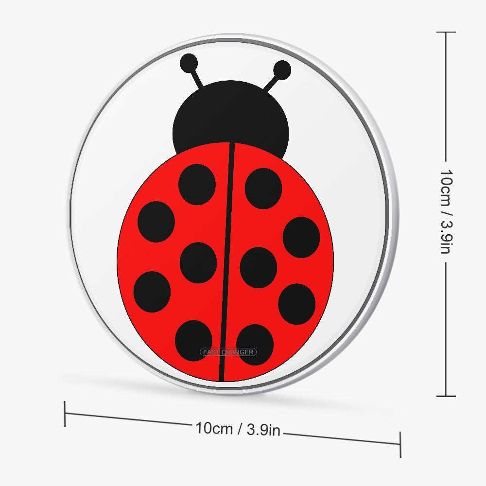 Jacki Easlick Ladybug 10W Wireless Charger featuring a cute ladybug design, compact size, and made from durable plastic and aluminum materials.