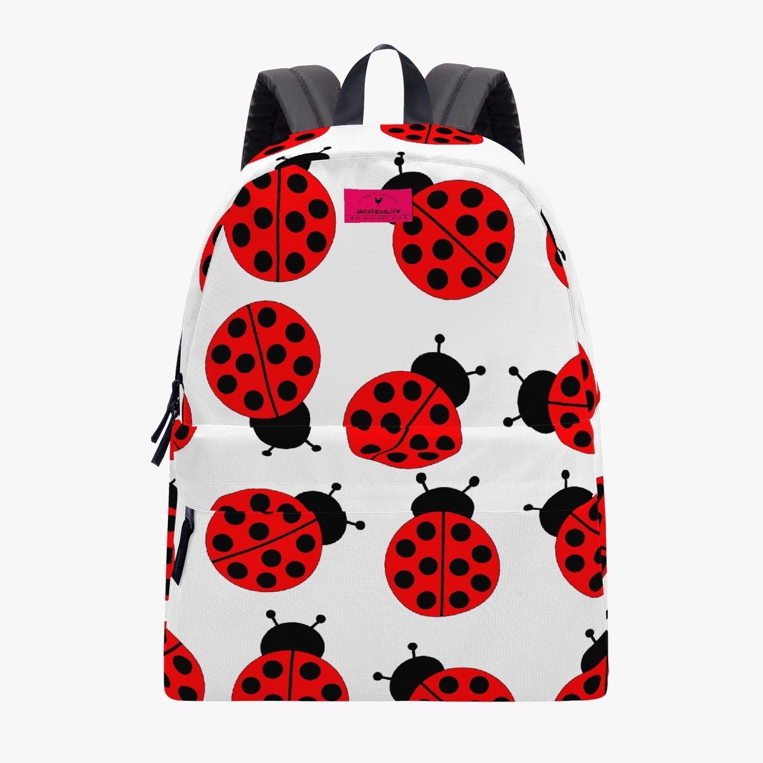 Jacki Easlick Ladybug Backpack featuring a vibrant ladybug design, padded back, and spacious interior with side pockets.