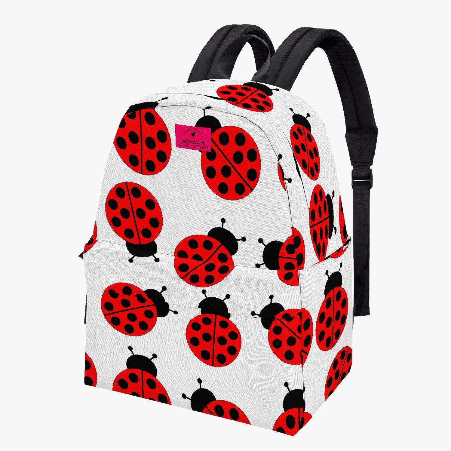 Jacki Easlick Ladybug Backpack featuring a vibrant ladybug design, padded back, and spacious interior with side pockets.