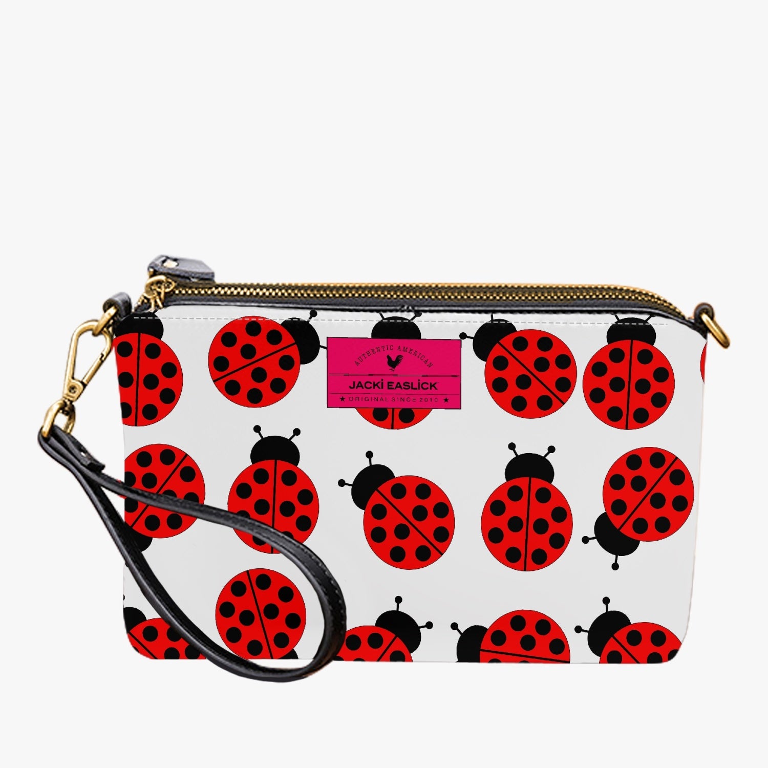 Jacki Easlick Ladybug Small Wristlet Clutch in leather with detachable straps, perfect for essentials.