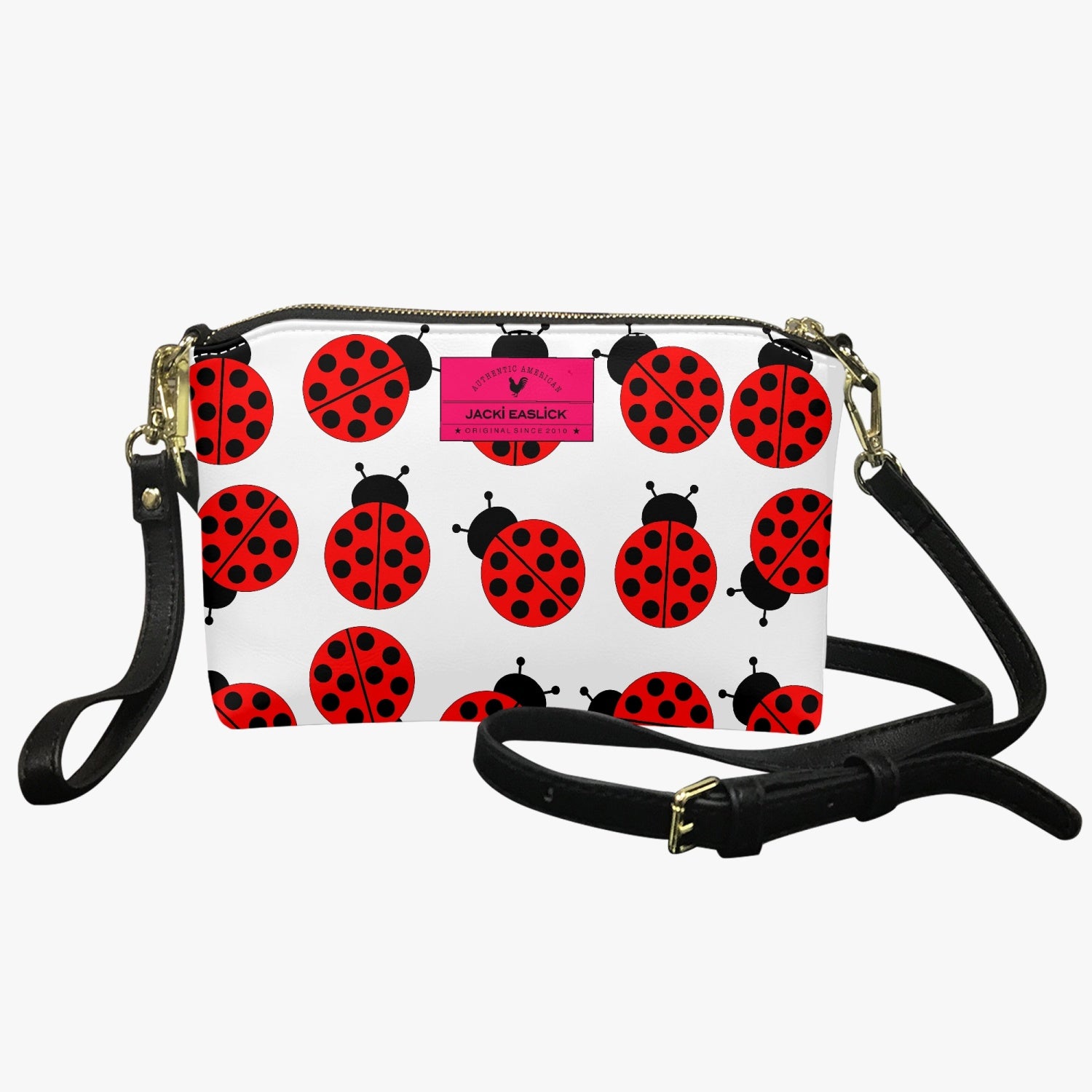 Jacki Easlick Ladybug Small Wristlet Clutch in leather with detachable straps, perfect for essentials.