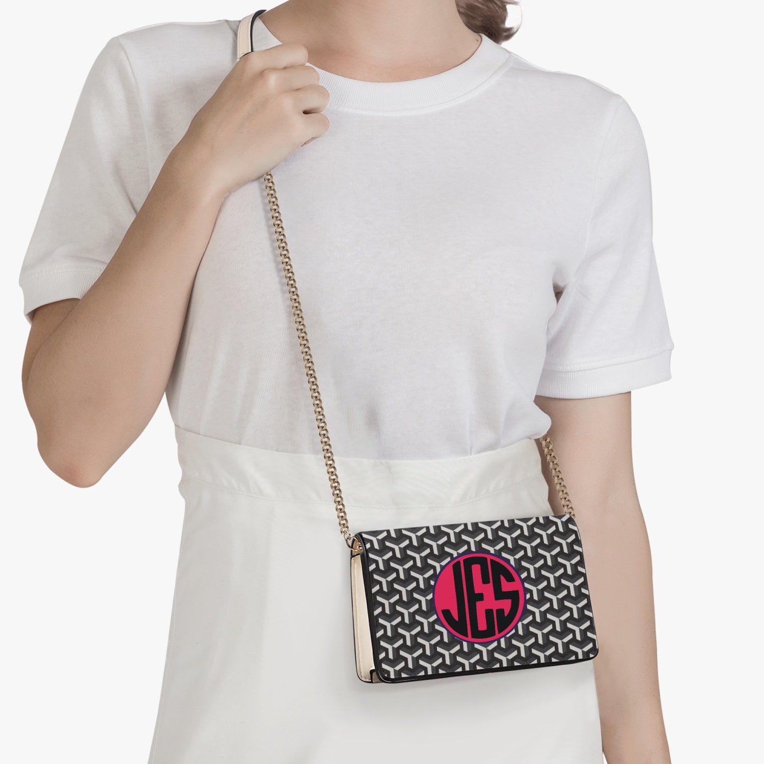 Jacki Easlick Signature Monogram Flap Square Bag in leather with stylish shoulder straps and magnetic closure.