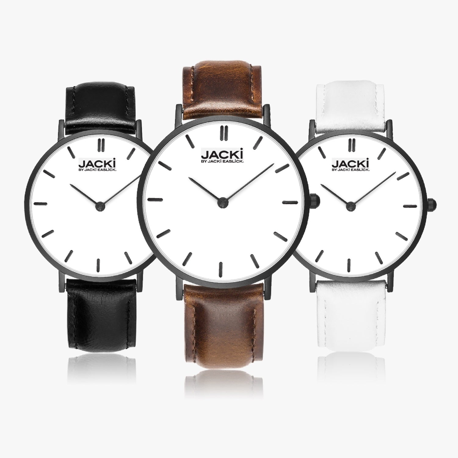 Jacki Easlick Ultra-Thin Leather Strap Quartz Watch with a sleek design and genuine leather strap, showcasing its elegant dial and stainless steel case.