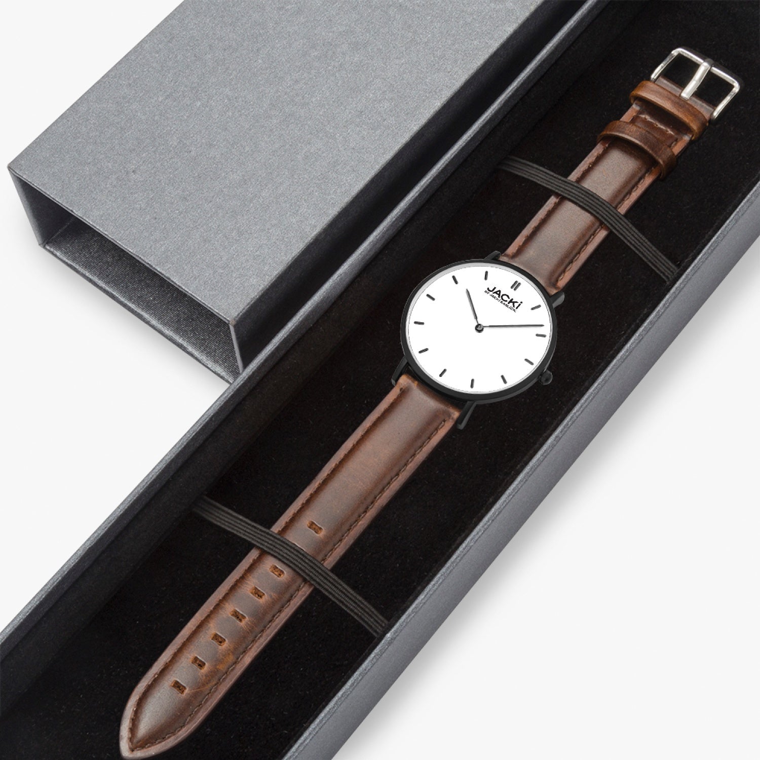 Jacki Easlick Ultra-Thin Leather Strap Quartz Watch with a sleek design and genuine leather strap, showcasing its elegant dial and stainless steel case.