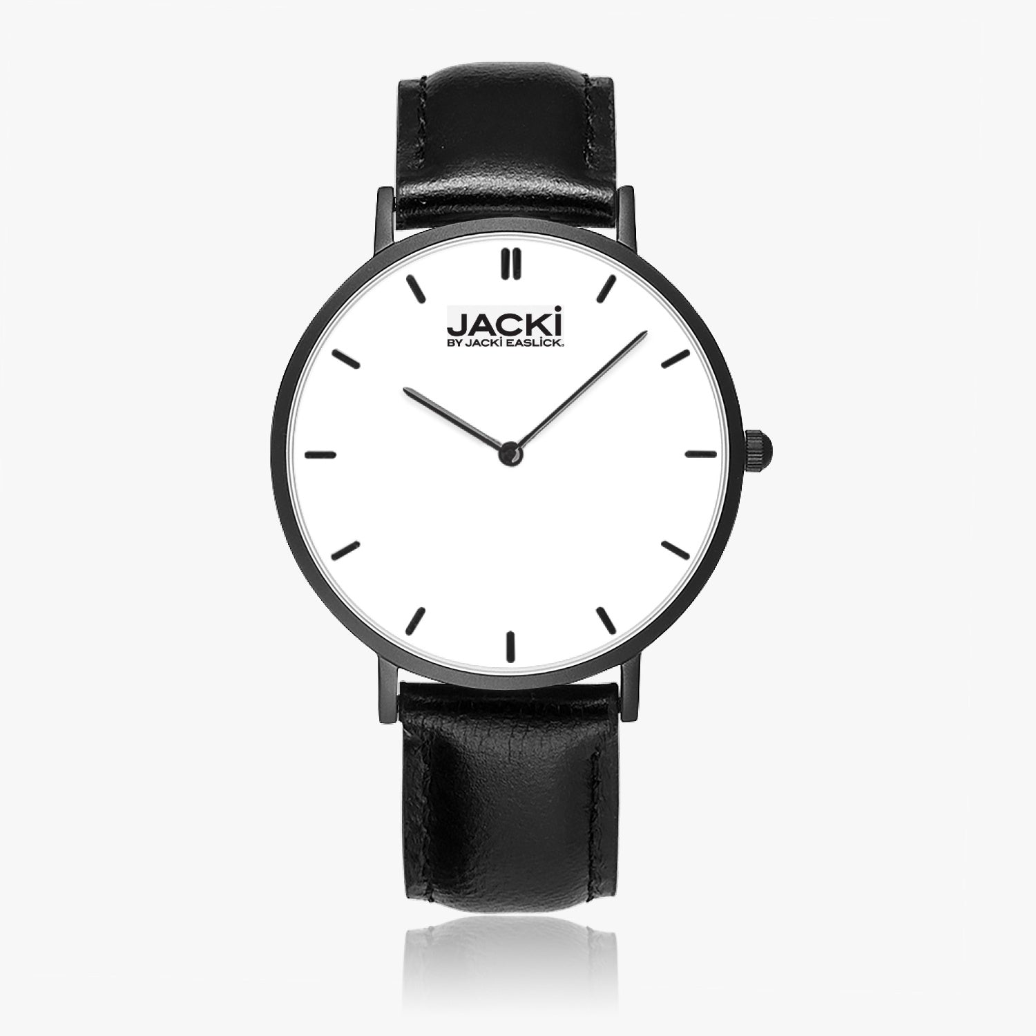 Jacki Easlick Ultra-Thin Leather Strap Quartz Watch with a sleek design and genuine leather strap, showcasing its elegant dial and stainless steel case.