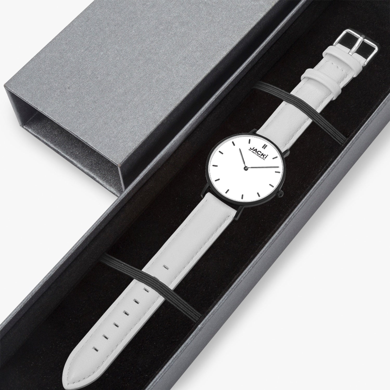 Jacki Easlick Ultra-Thin Leather Strap Quartz Watch with a sleek design and genuine leather strap, showcasing its elegant dial and stainless steel case.