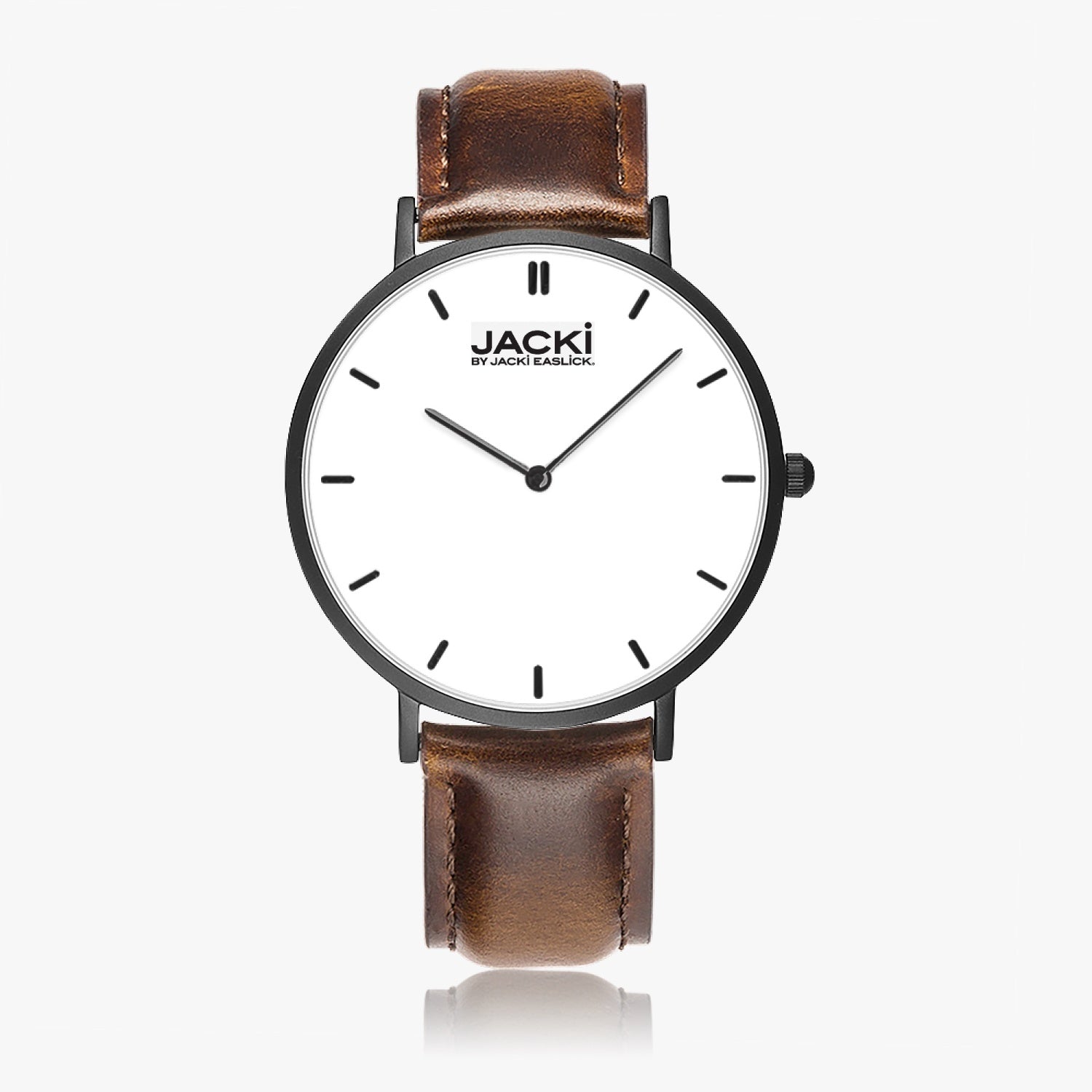 Jacki Easlick Ultra-Thin Leather Strap Quartz Watch with a sleek design and genuine leather strap, showcasing its elegant dial and stainless steel case.