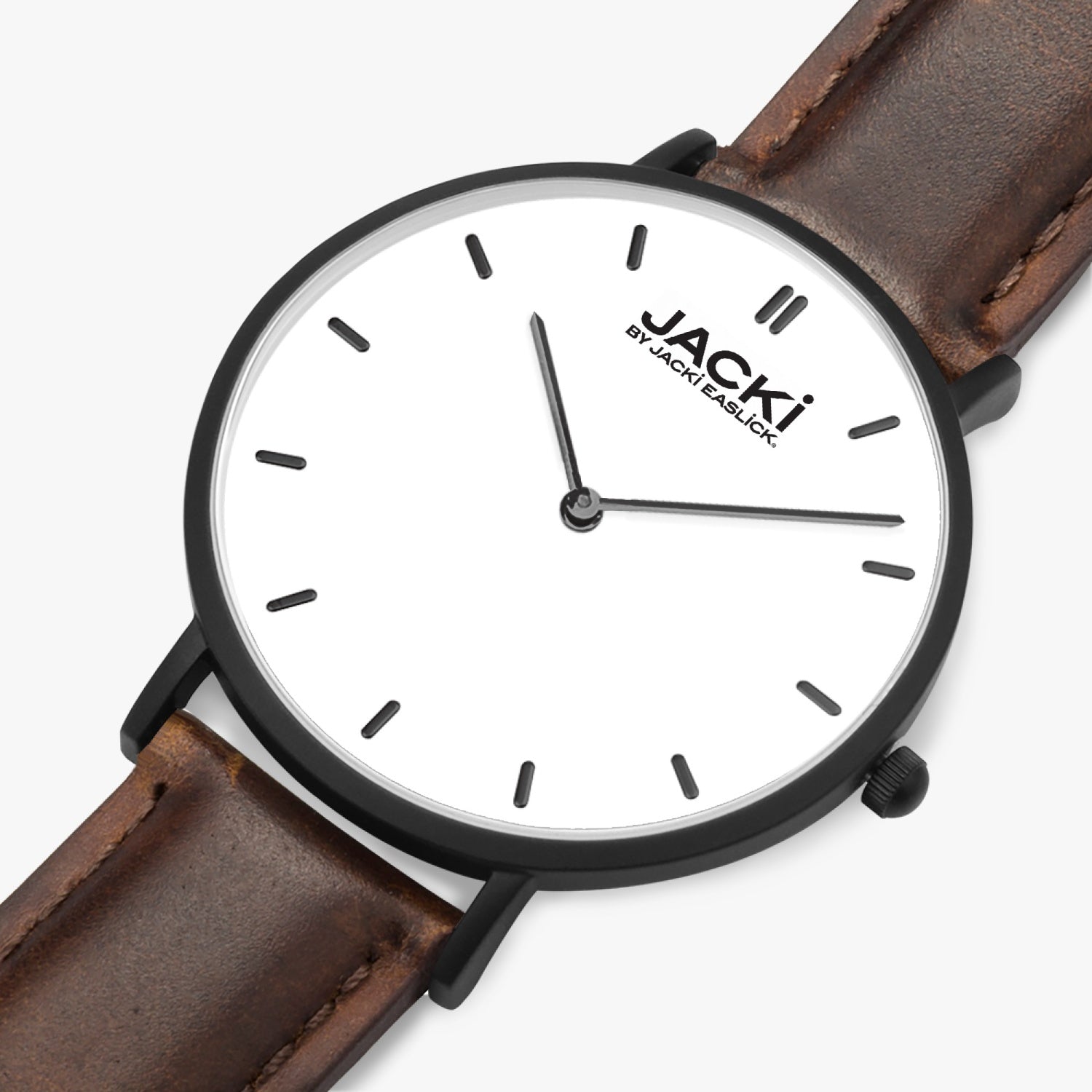 Jacki Easlick Ultra-Thin Leather Strap Quartz Watch with a sleek design and genuine leather strap, showcasing its elegant dial and stainless steel case.