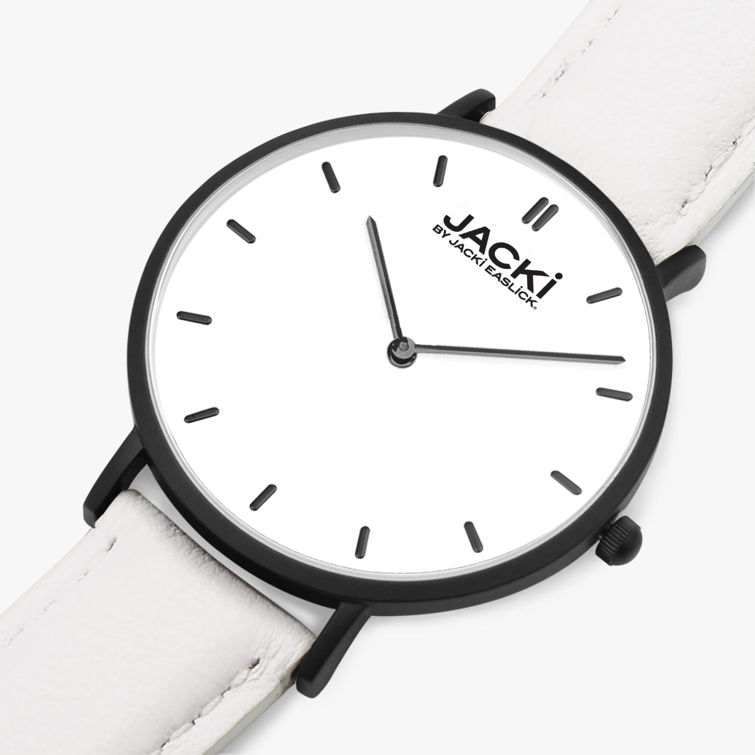 Jacki Easlick Ultra-Thin Leather Strap Quartz Watch with a sleek design and genuine leather strap, showcasing its elegant dial and stainless steel case.