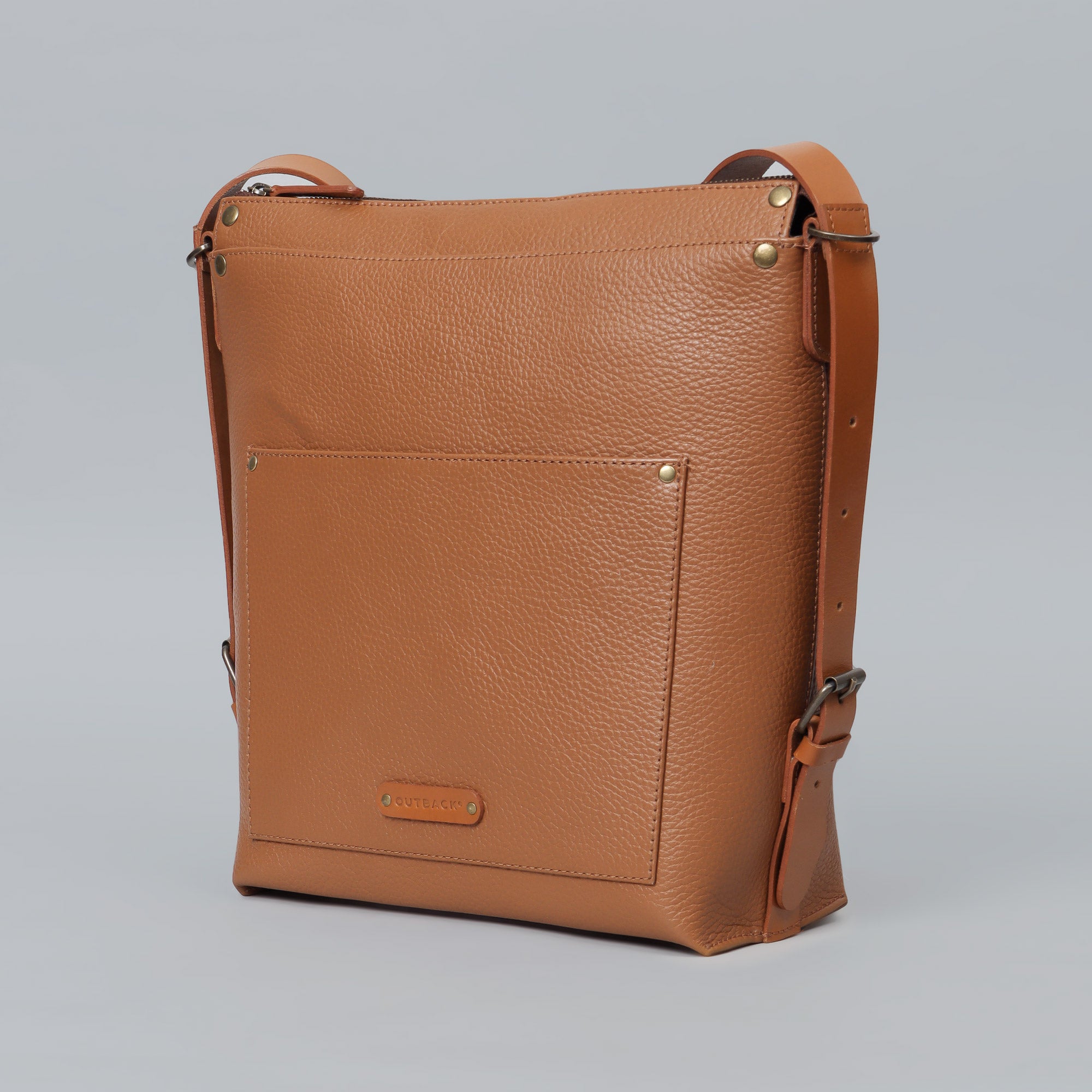 Jersey Leather Crossbody Bag showcasing premium full grain leather, adjustable strap, and multiple pockets for organization.