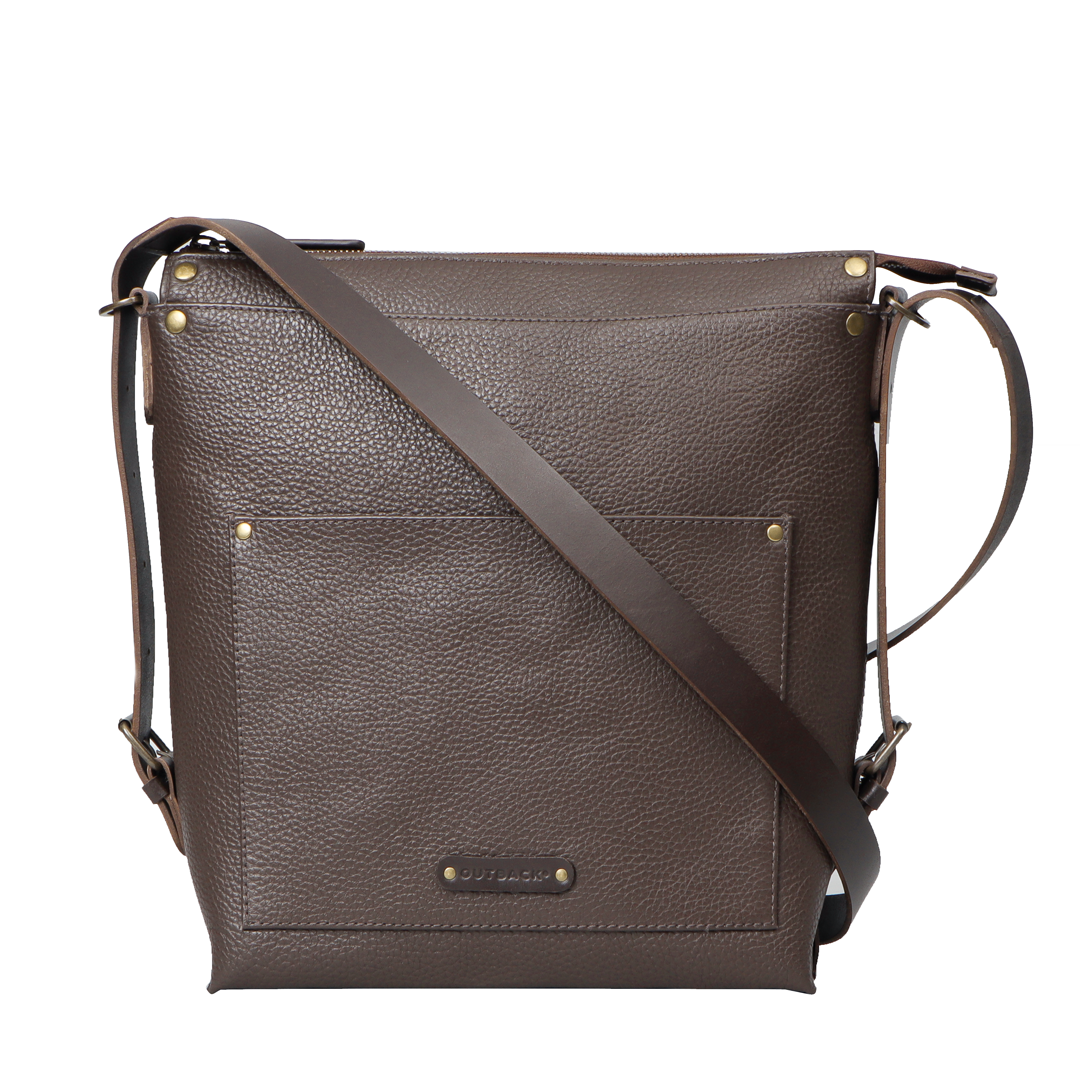 Jersey Leather Crossbody Bag showcasing premium full grain leather, adjustable strap, and multiple pockets for organization.