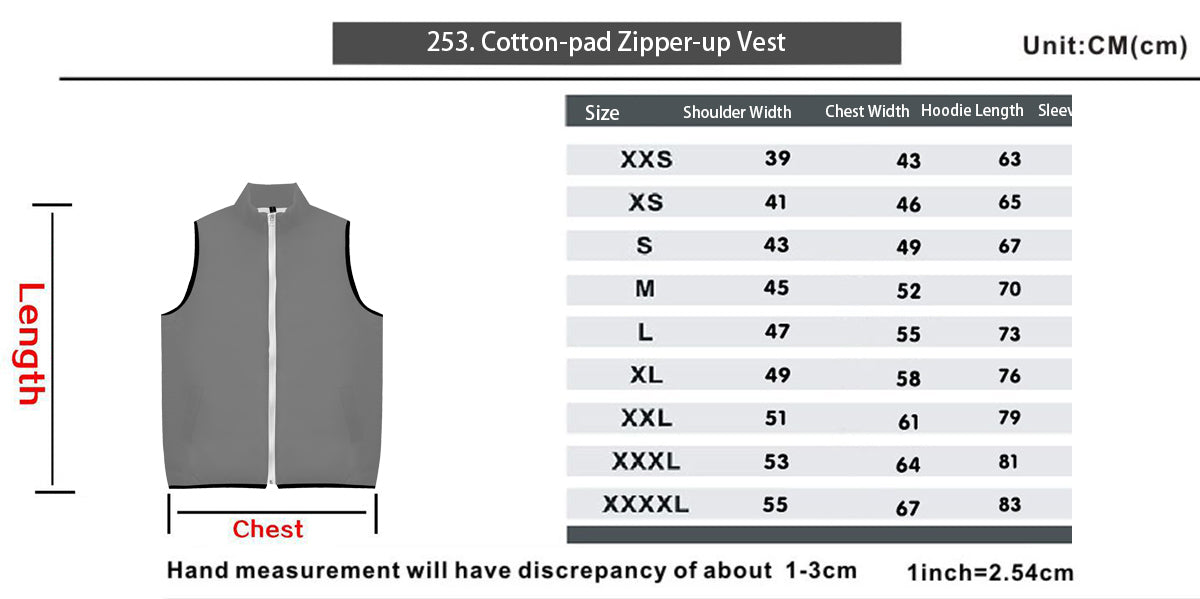 JES Cotton Zipper-up Vest in various sizes, showcasing its soft fabric and stylish design.