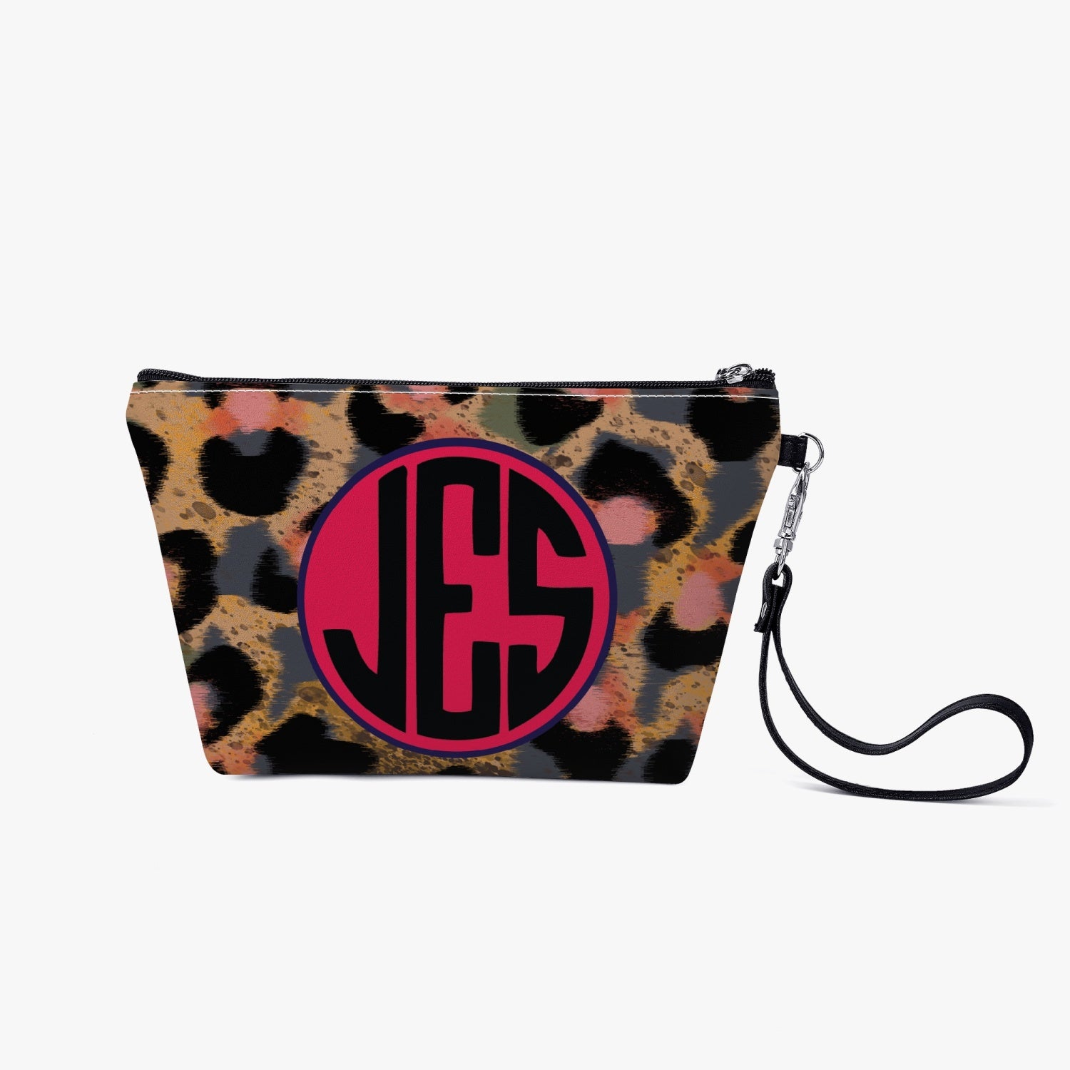 JES Zipper Wristlet Makeup Bag in premium PU leather, featuring a smooth zipper and removable handle, ideal for women's daily essentials.