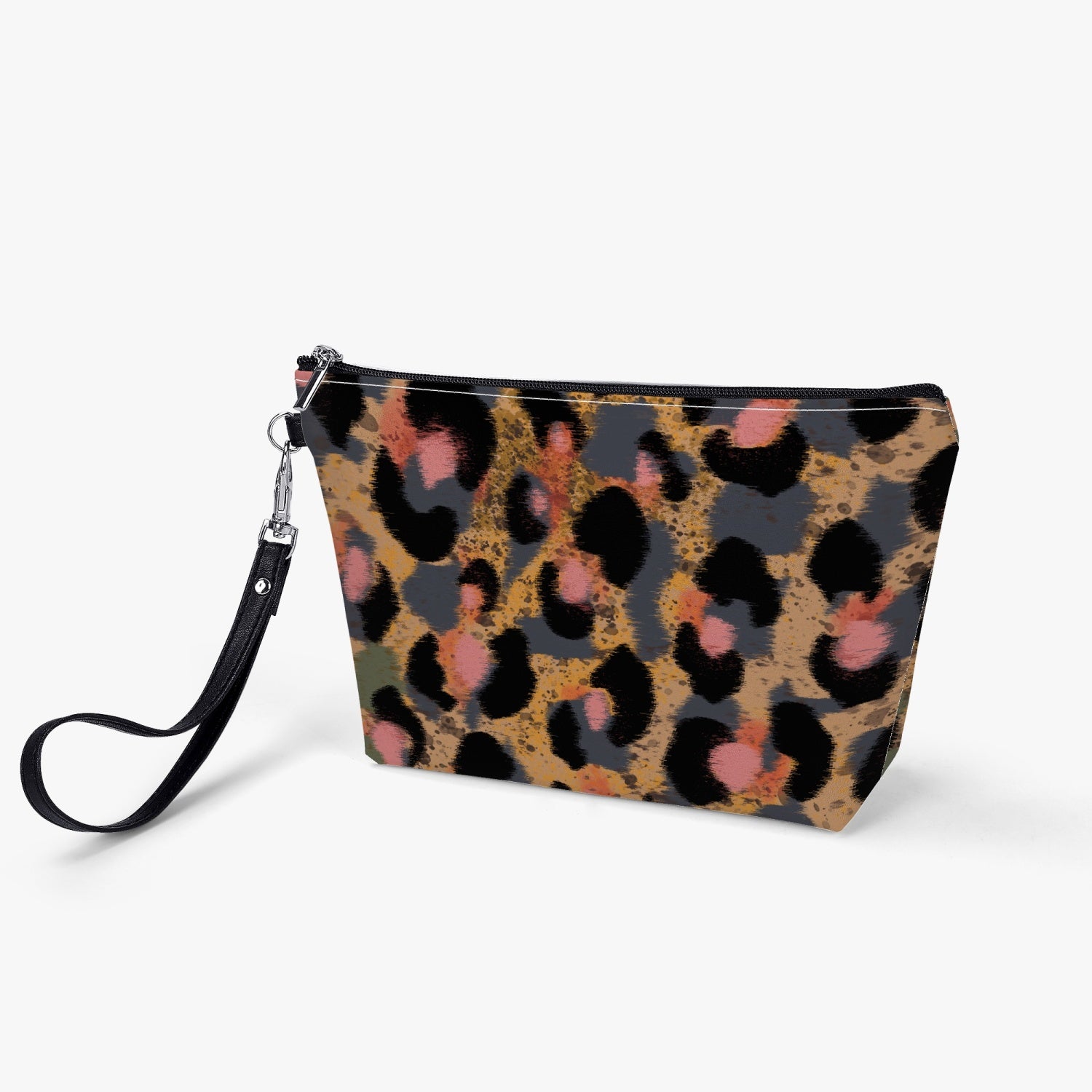 JES Zipper Wristlet Makeup Bag in premium PU leather, featuring a smooth zipper and removable handle, ideal for women's daily essentials.