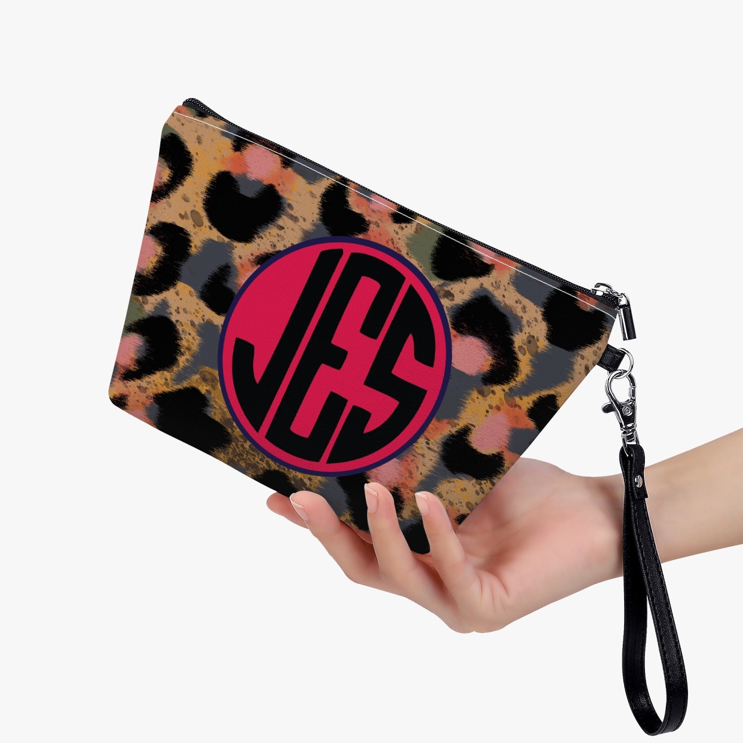 JES Zipper Wristlet Makeup Bag in premium PU leather, featuring a smooth zipper and removable handle, ideal for women's daily essentials.